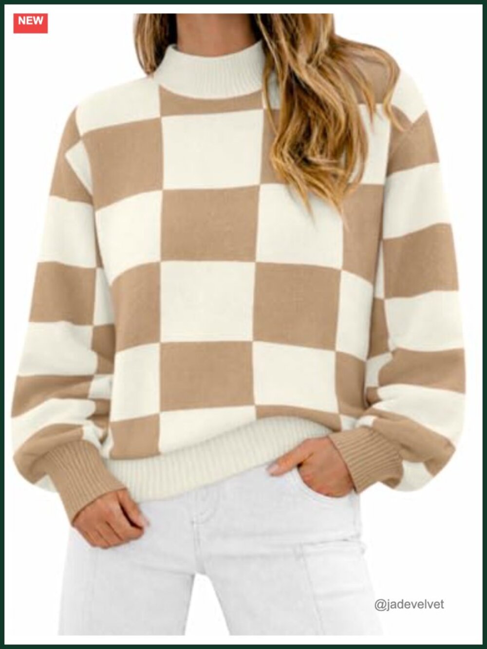 Womens Turtleneck Sweater Long Sleeve Plaid Ribbed Knit Loose Pullover Top